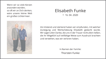 Traueranzeige von Elisabeth Funke von Hellweger Anzeiger