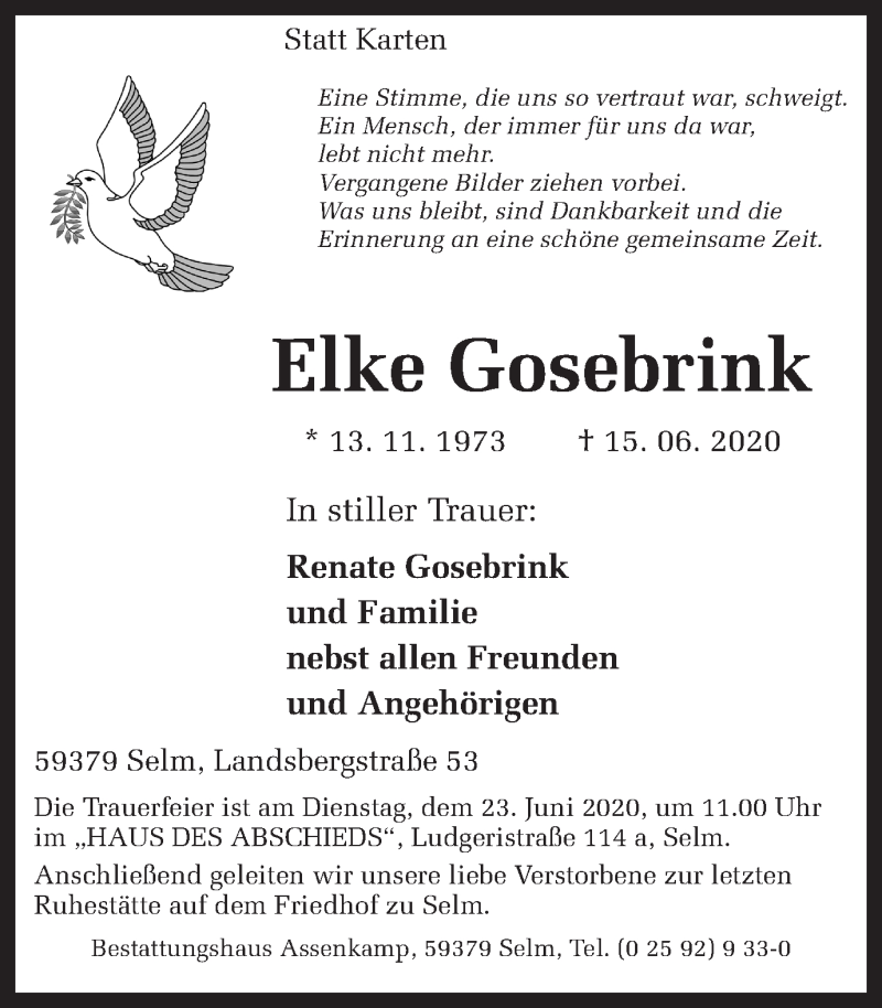 Traueranzeige für Elke Gosebrink vom 18.06.2020 aus Ruhr Nachrichten