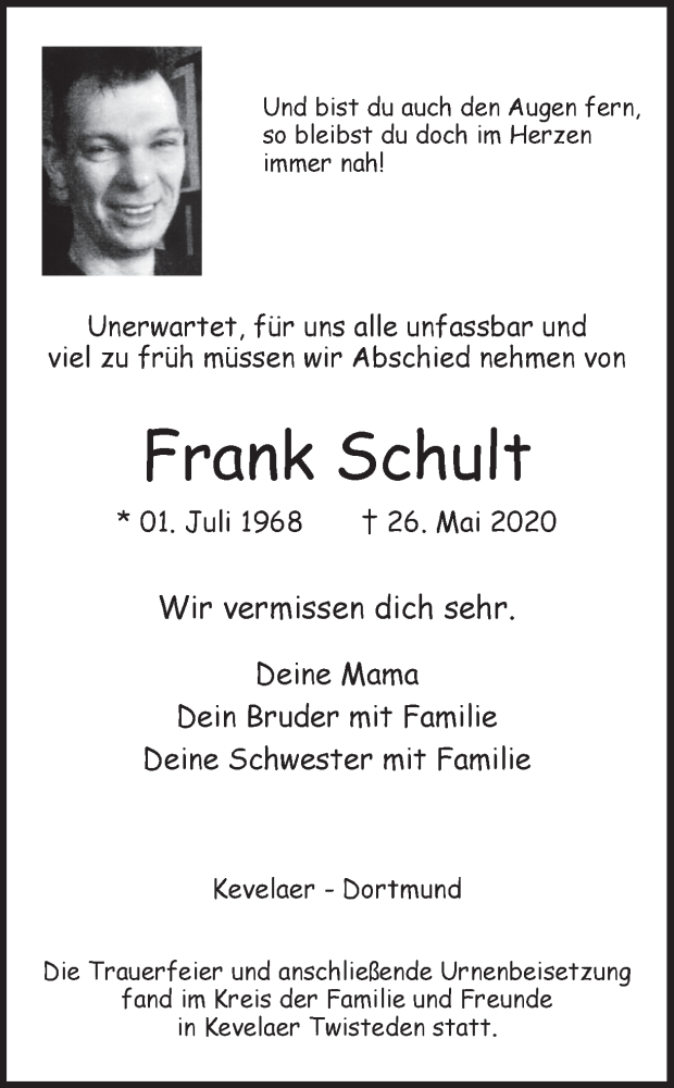  Traueranzeige für Frank Schult vom 13.06.2020 aus Ruhr Nachrichten
