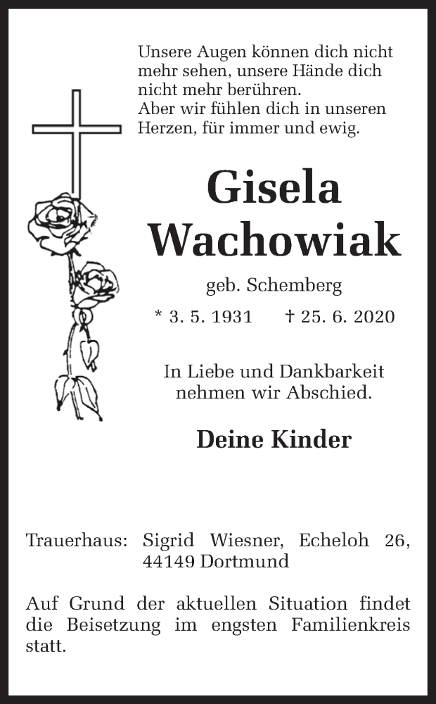  Traueranzeige für Gisela Wachowiak vom 27.06.2020 aus Ruhr Nachrichten