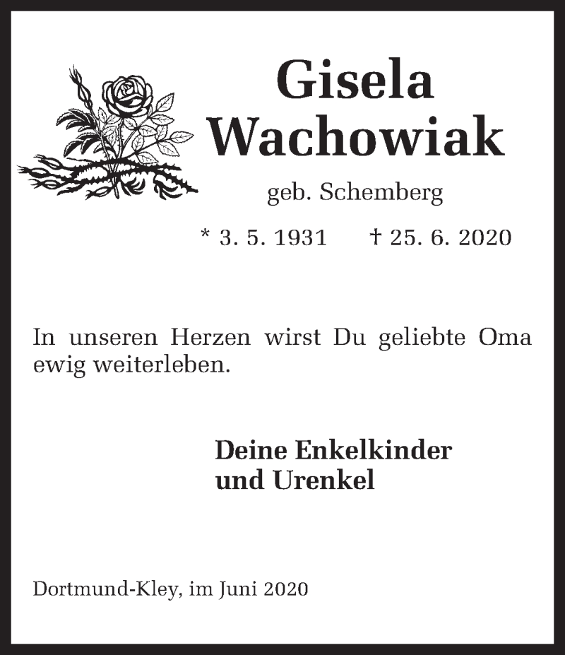  Traueranzeige für Gisela Wachowiak vom 27.06.2020 aus Ruhr Nachrichten