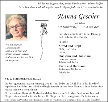 Traueranzeige von Hanna Gescher von Münstersche Zeitung und Münsterland Zeitung