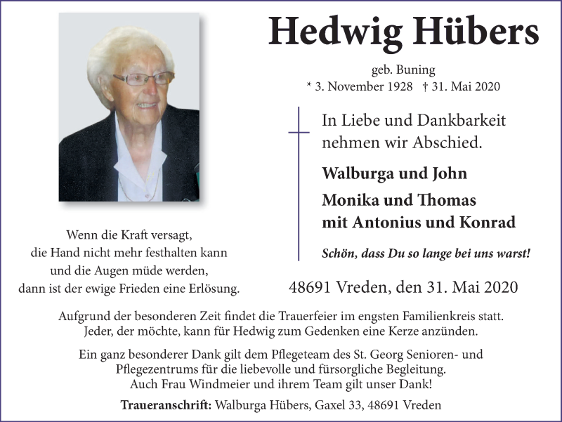  Traueranzeige für Hedwig Hübers vom 06.06.2020 aus Münstersche Zeitung und Münsterland Zeitung