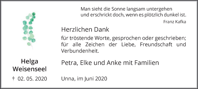  Traueranzeige für Helga Weisenseel vom 03.06.2020 aus Hellweger Anzeiger