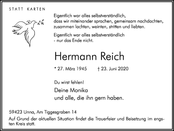 Traueranzeige von Hermann Reich