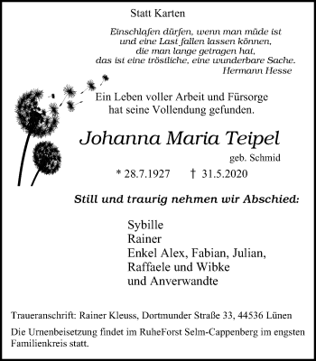 Traueranzeige von Johanna Maria Teipel von Ruhr Nachrichten