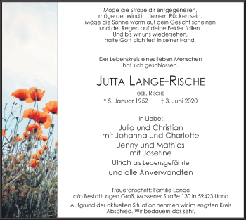 Traueranzeige von Jutta Lange-Rische