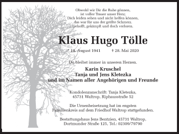 Traueranzeige von Klaus Hugo Tölle von Ruhr Nachrichten