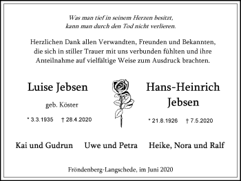 Traueranzeige von Luise und Hans-Heinrich Jebsen von Hellweger Anzeiger