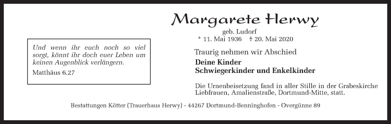  Traueranzeige für Margarete Herwy vom 06.06.2020 aus Ruhr Nachrichten
