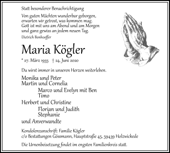 Traueranzeige von Maria Kögler