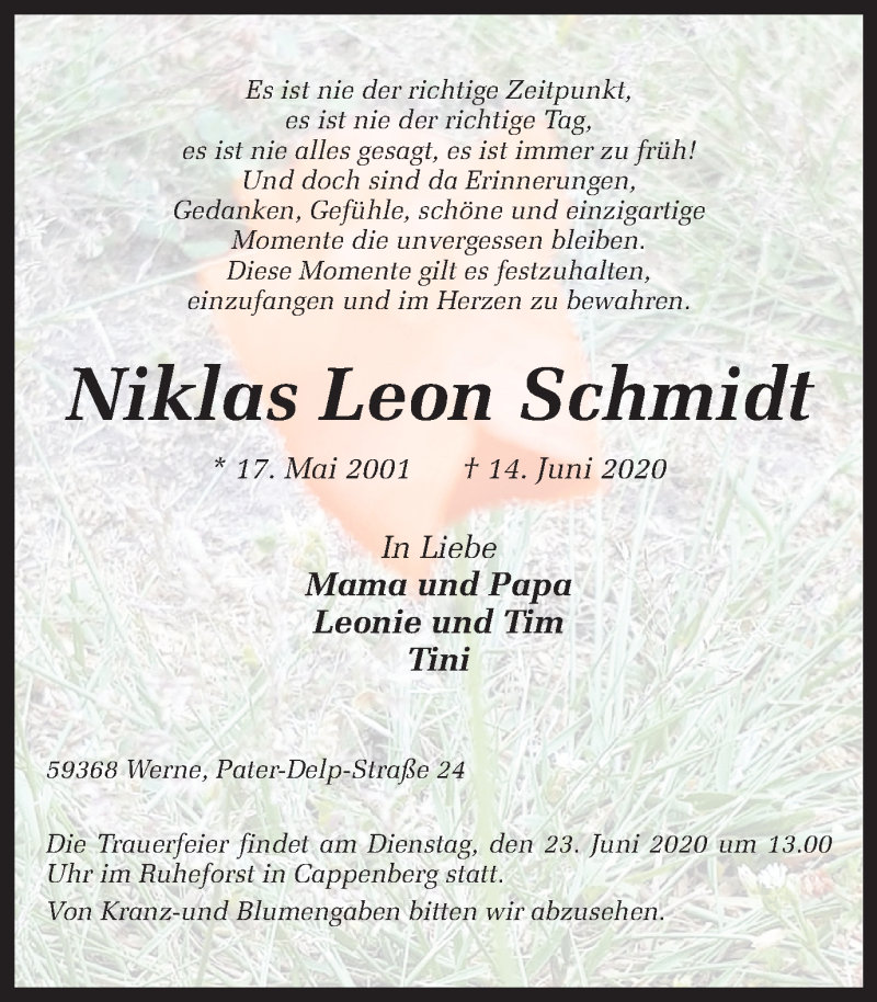  Traueranzeige für Niklas Leon Schmidt vom 20.06.2020 aus Ruhr Nachrichten