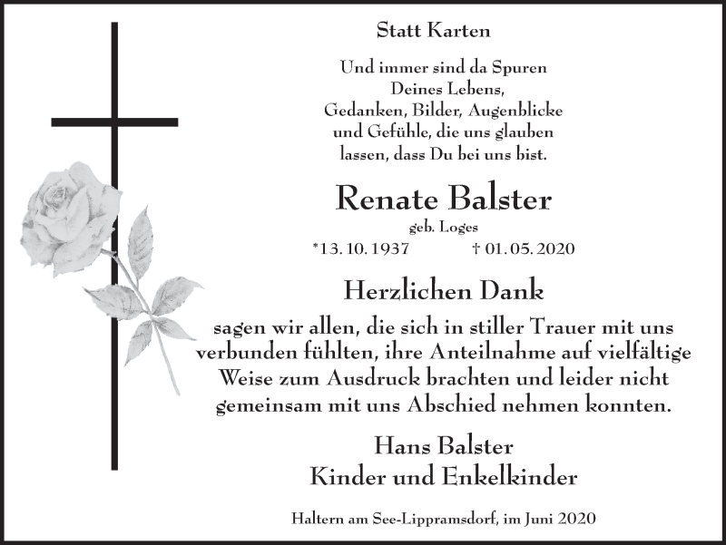  Traueranzeige für Renate Balster vom 19.06.2020 aus Ruhr Nachrichten und Halterner Zeitung