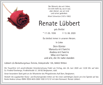 Traueranzeige von Renate Lübbert von Hellweger Anzeiger