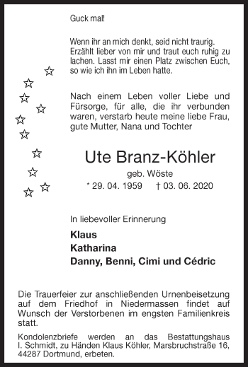 Traueranzeige von Ute Branz-Köhler von Hellweger Anzeiger