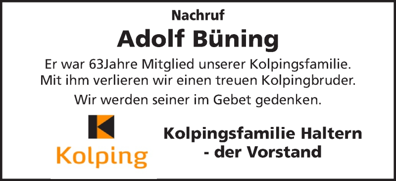  Traueranzeige für Adolf Büning vom 14.07.2020 aus Ruhr Nachrichten und Halterner Zeitung