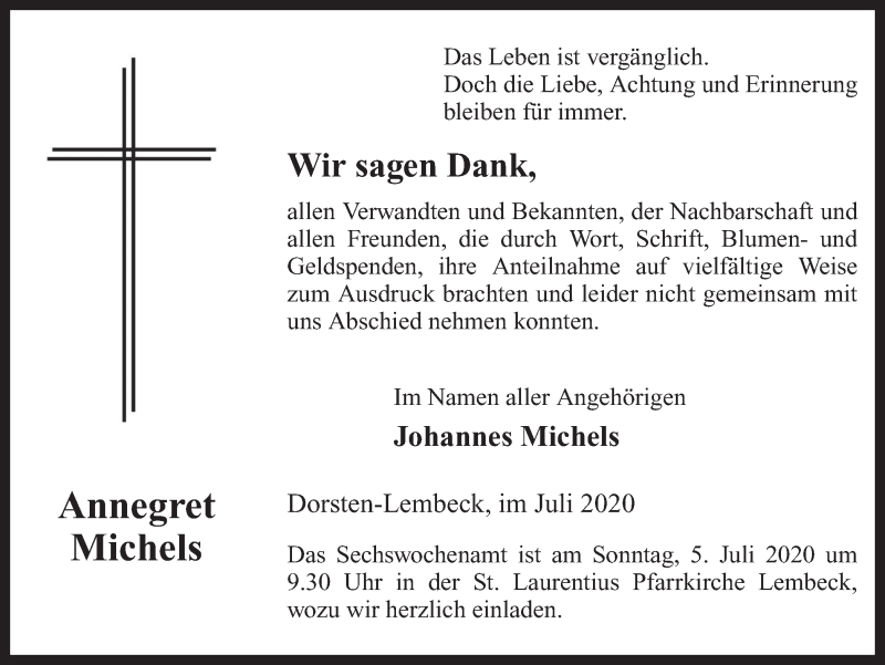  Traueranzeige für Annegret Michels vom 01.07.2020 aus Ruhr Nachrichten und Dorstener Zeitung
