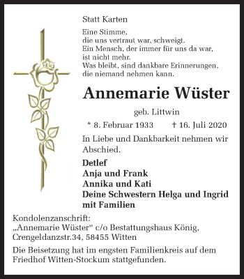 Traueranzeige von Annemarie Wüster von Ruhr Nachrichten und Dorstener Zeitung