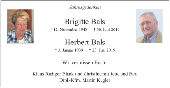 Traueranzeige von Brigitte und Herbert Bals