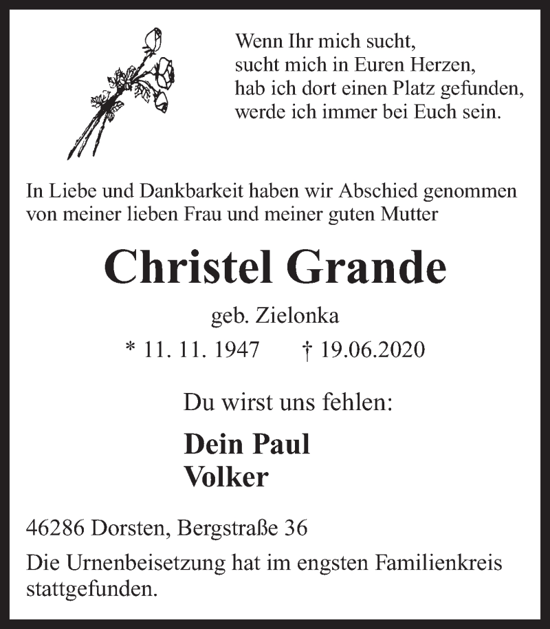  Traueranzeige für Christel Grande vom 01.07.2020 aus Ruhr Nachrichten und Dorstener Zeitung