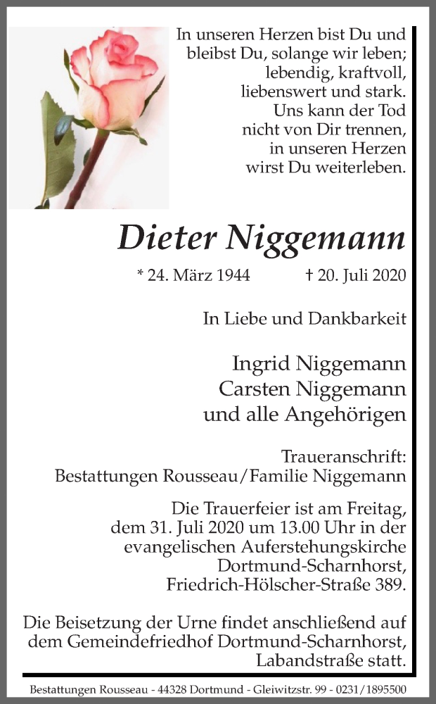  Traueranzeige für Dieter Niggemann vom 22.07.2020 aus Ruhr Nachrichten