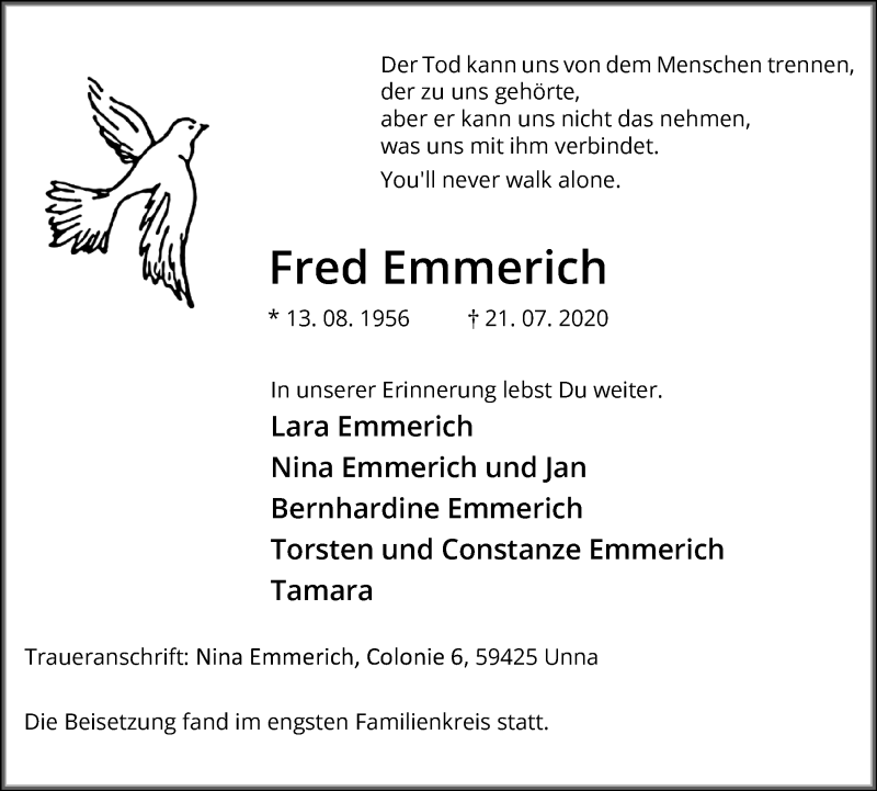  Traueranzeige für Fred Emmerich vom 31.07.2020 aus Hellweger Anzeiger