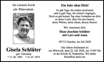 Traueranzeige von Gisela Schlüter von Münstersche Zeitung und Münsterland Zeitung