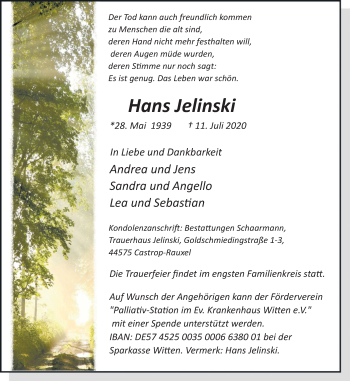 Traueranzeige von Hans Jelinski von Ruhr Nachrichten