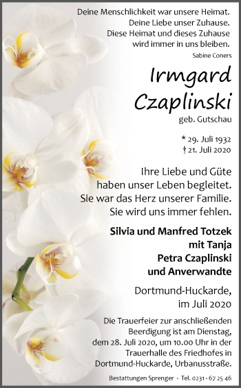 Traueranzeige von Irmgard Czaplinski von Ruhr Nachrichten
