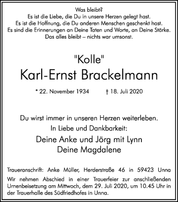 Traueranzeige von Karl-Ernst Brackelmann von Hellweger Anzeiger