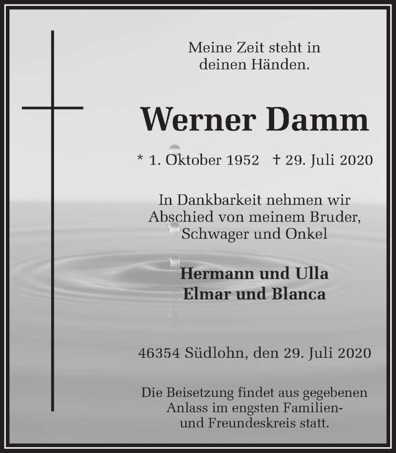  Traueranzeige für Werner Damm vom 31.07.2020 aus Münstersche Zeitung und Münsterland Zeitung