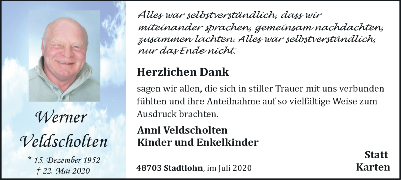  Traueranzeige für Werner Veldscholten vom 02.07.2020 aus Münstersche Zeitung und Münsterland Zeitung