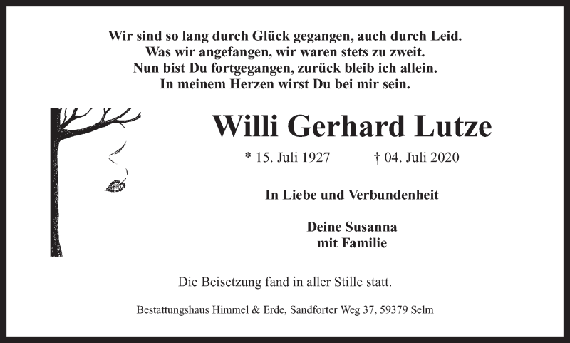  Traueranzeige für Willi Gerhard Lutze vom 15.07.2020 aus Ruhr Nachrichten