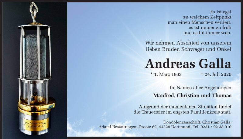  Traueranzeige für Andreas Galla vom 01.08.2020 aus Ruhr Nachrichten