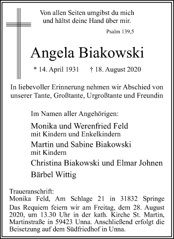 Traueranzeige von Angela Biakowski von Hellweger Anzeiger