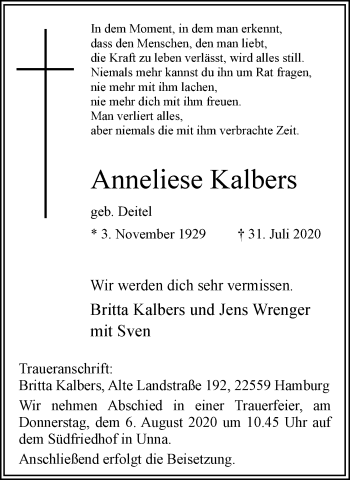 Traueranzeige von Anneliese Kalbers von Hellweger Anzeiger