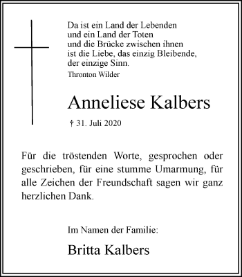 Traueranzeige von Anneliese Kalbers von Hellweger Anzeiger