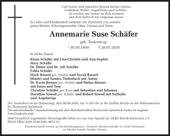 Traueranzeige von Annemarie Suse Schäfer von Ruhr Nachrichten