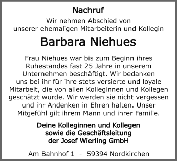 Traueranzeige von Barbara Niehues von Ruhr Nachrichten