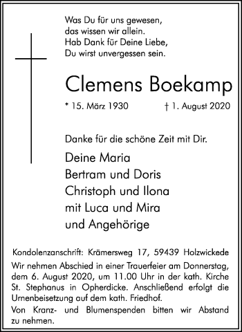 Traueranzeige von Clemens Boekamp