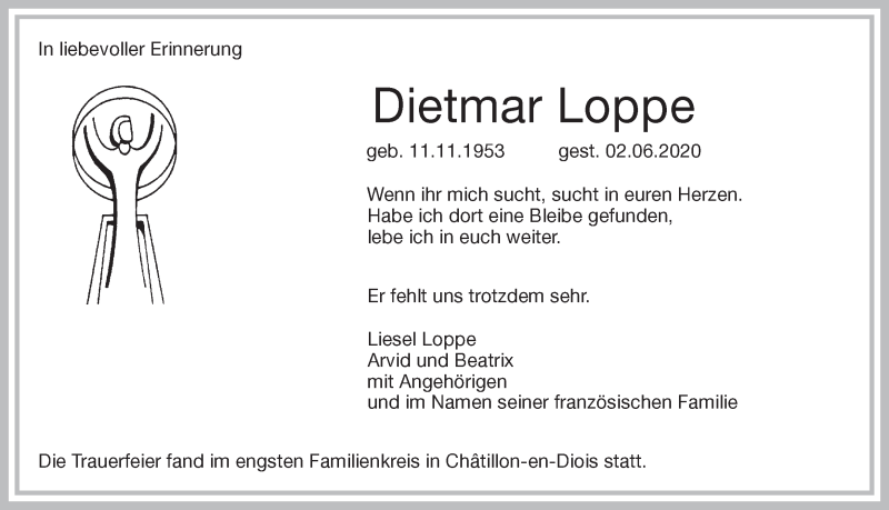  Traueranzeige für Dietmar Loppe vom 19.08.2020 aus Ruhr Nachrichten