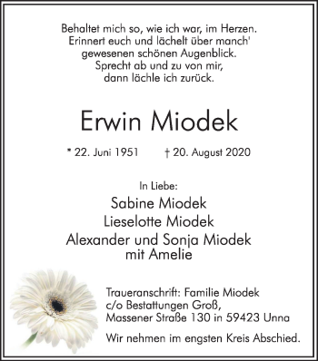 Traueranzeige von Erwin Miodek von Hellweger Anzeiger