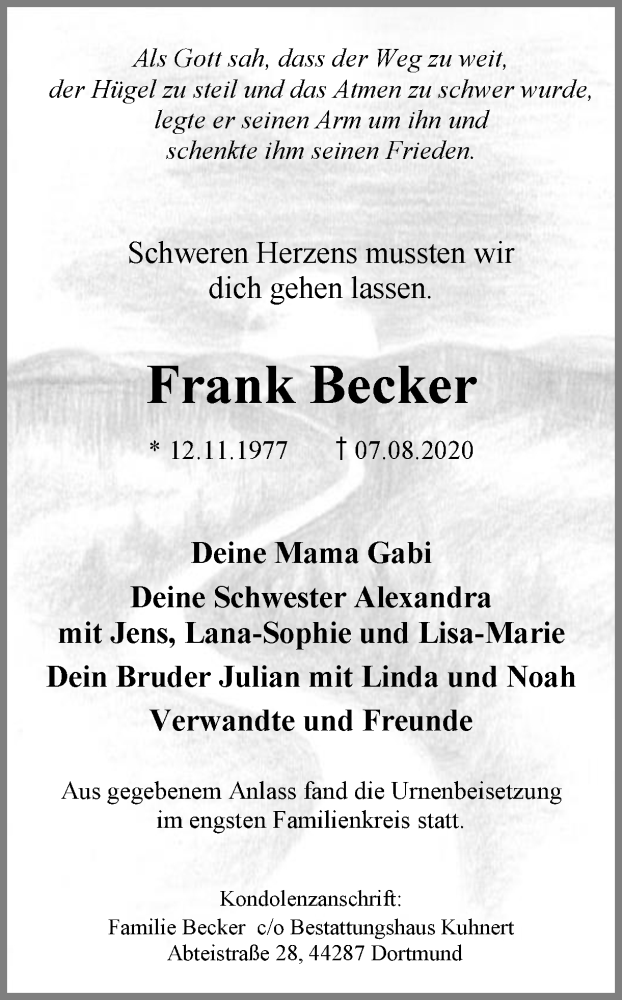  Traueranzeige für Frank Becker vom 22.08.2020 aus Ruhr Nachrichten