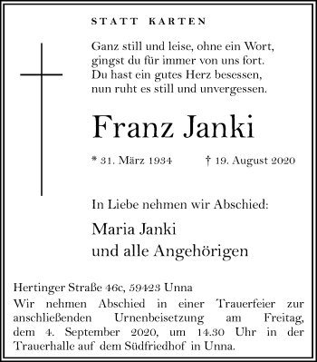 Traueranzeige von Franz Janki