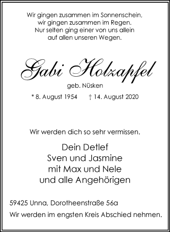 Traueranzeige von Gabi Holzapfel von Hellweger Anzeiger