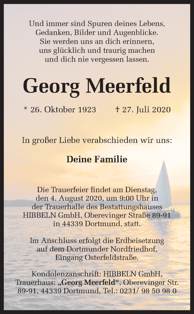  Traueranzeige für Georg Meerfeld vom 01.08.2020 aus Ruhr Nachrichten