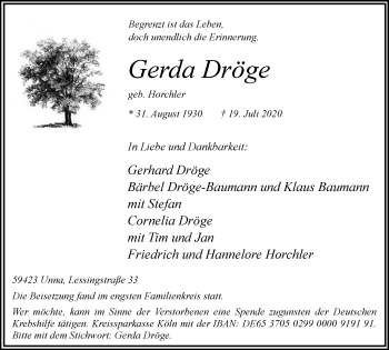 Traueranzeige von Gerda Dröge von Hellweger Anzeiger