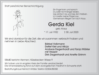 Traueranzeige von Gerda Kiel von Ruhr Nachrichten