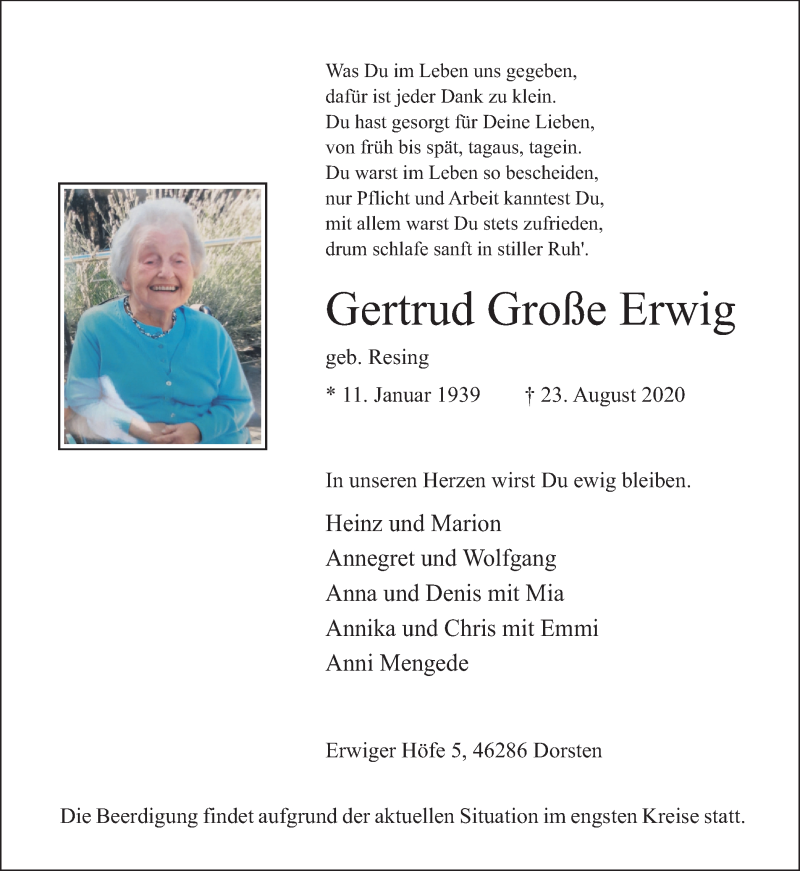  Traueranzeige für Gertrud Große Erwig vom 26.08.2020 aus Ruhr Nachrichten und Dorstener Zeitung