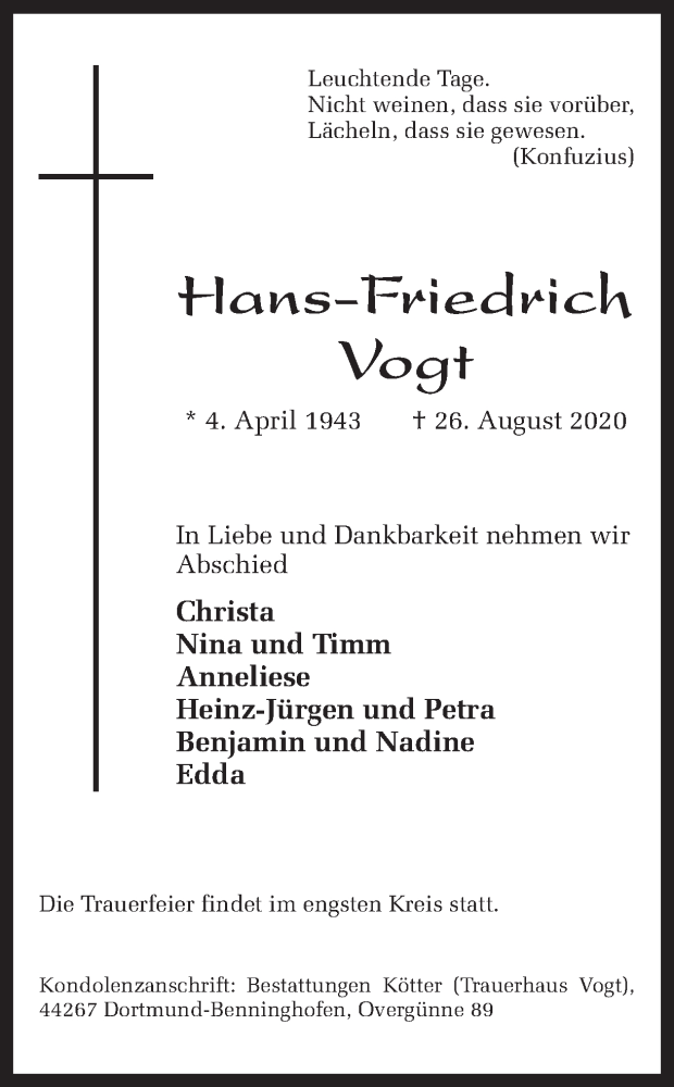  Traueranzeige für Hans-Friedrich Vogt vom 29.08.2020 aus Ruhr Nachrichten